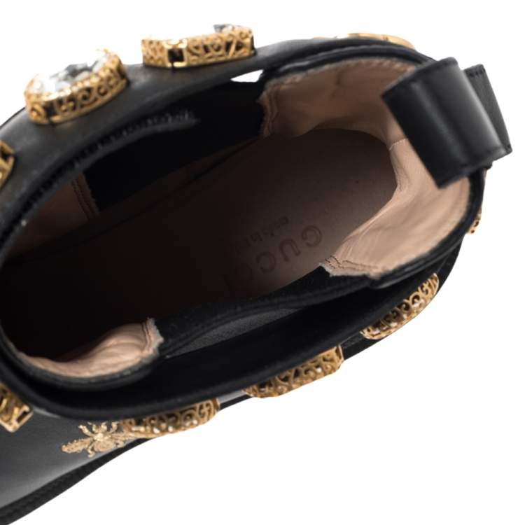 Pre Owned Gucci Black Leather Embroidered Crystal Embellished Ankle Boots Size 37.5