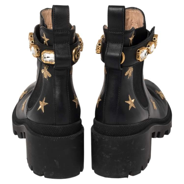 Pre Owned Gucci Black Leather Embroidered Crystal Embellished Ankle Boots Size 37.5