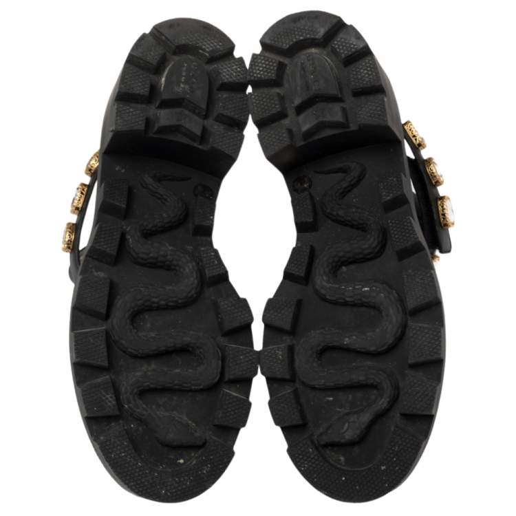 Pre Owned Gucci Black Leather Embroidered Crystal Embellished Ankle Boots Size 37.5