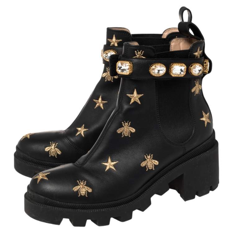 Pre Owned Gucci Black Leather Embroidered Crystal Embellished Ankle Boots Size 37.5