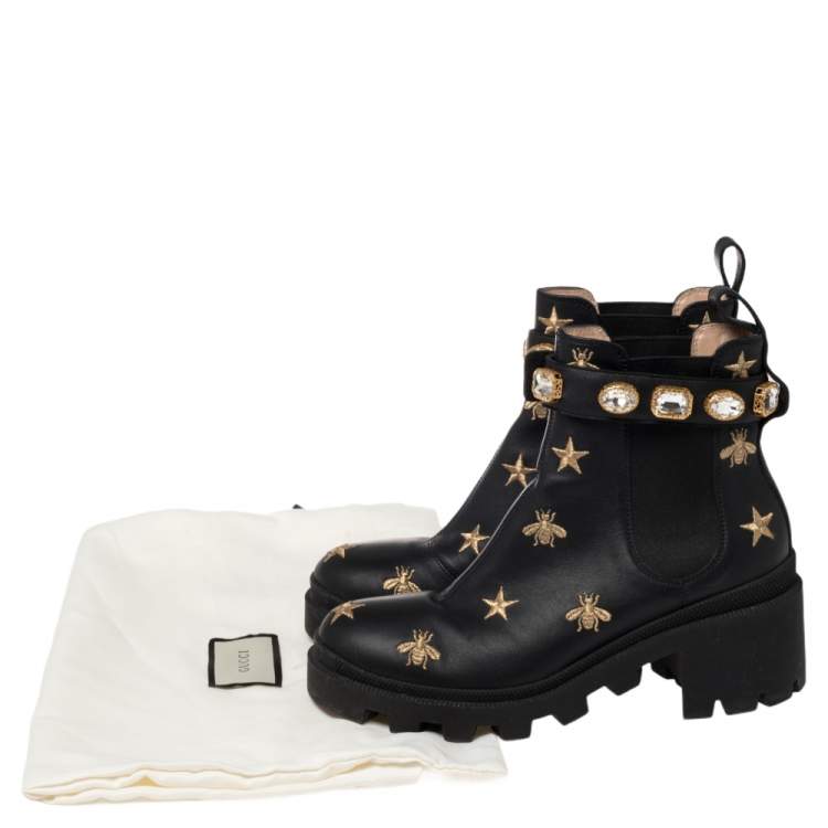 Pre Owned Gucci Black Leather Embroidered Crystal Embellished Ankle Boots Size 37.5