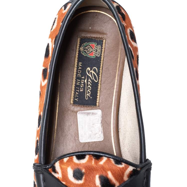 Pre Owned Gucci Brown Leopard Print Calf Hair And Black Leather Horsebit Slip On Loafers Size 39