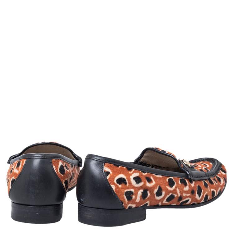 Pre Owned Gucci Brown Leopard Print Calf Hair And Black Leather Horsebit Slip On Loafers Size 39