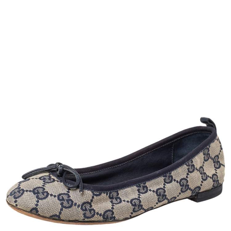 Gucci Beige/Blue GG Canvas And Leather Bow Ballet Flats Size 36 Gucci ...