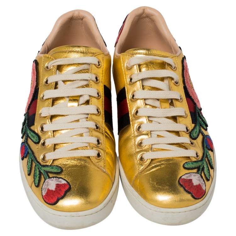Pre Owned Gucci Gold Leather Ace  Lace Up Sneakers Size 37