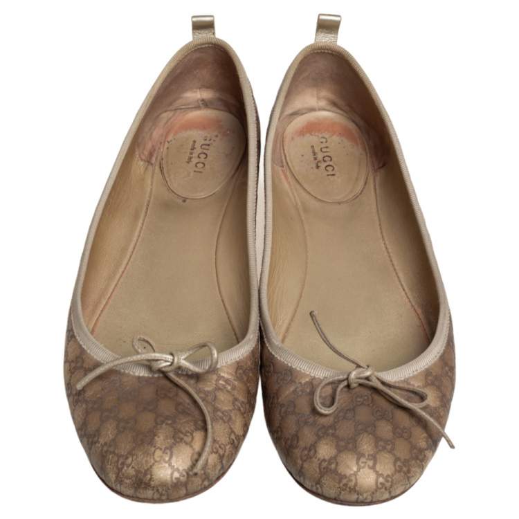 Pre Owned Gucci Gold Guccissima Leather Bow Ballet Flats Size 40