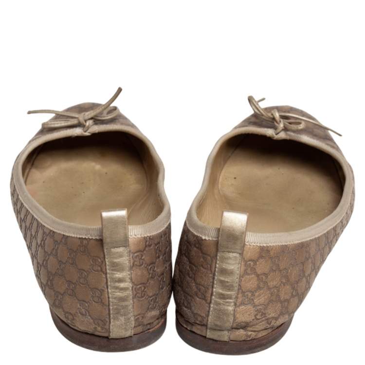 Pre Owned Gucci Gold Guccissima Leather Bow Ballet Flats Size 40