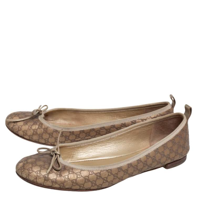 Pre Owned Gucci Gold Guccissima Leather Bow Ballet Flats Size 40