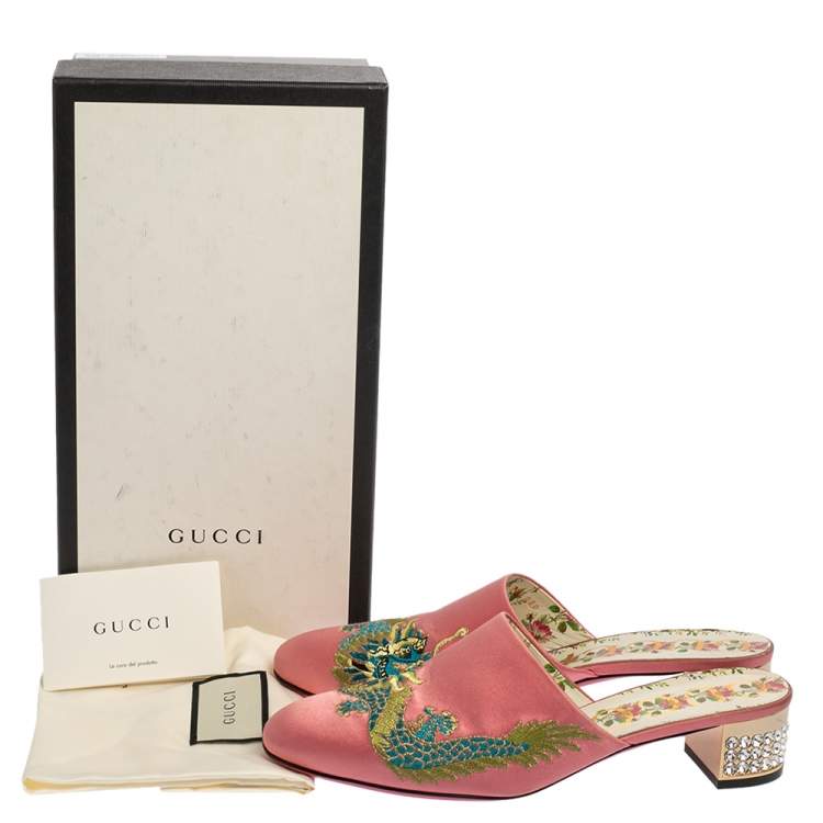 Pre Owned Gucci Pink Satin Dragon Embroidery Mule Sandals Size 38.5