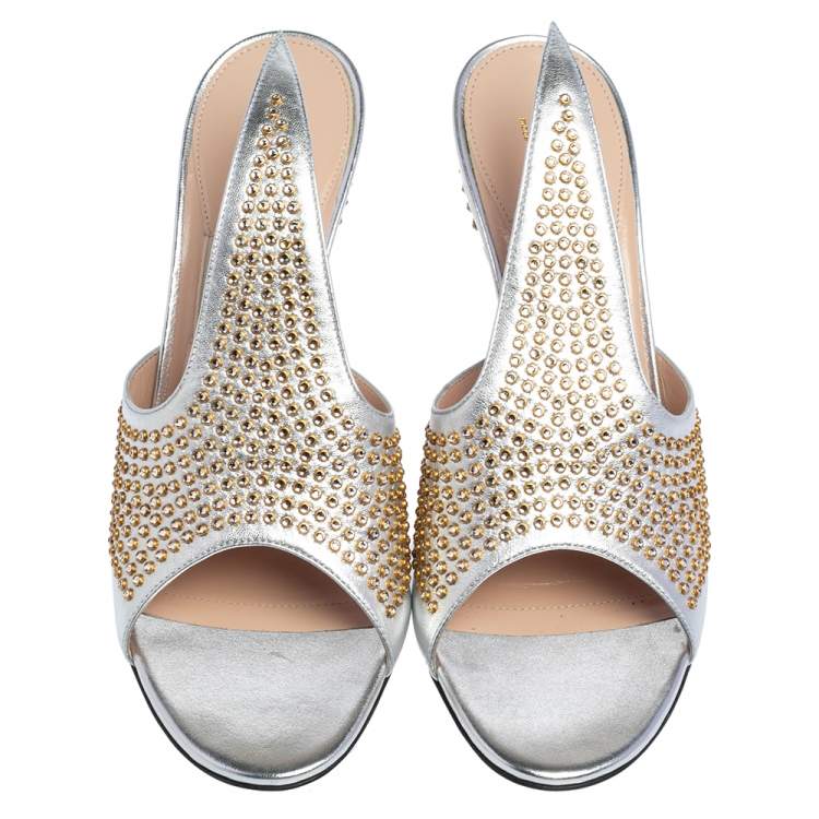 Pre Owned Gucci Silver Leather Fedra Embellished Mules Size 38