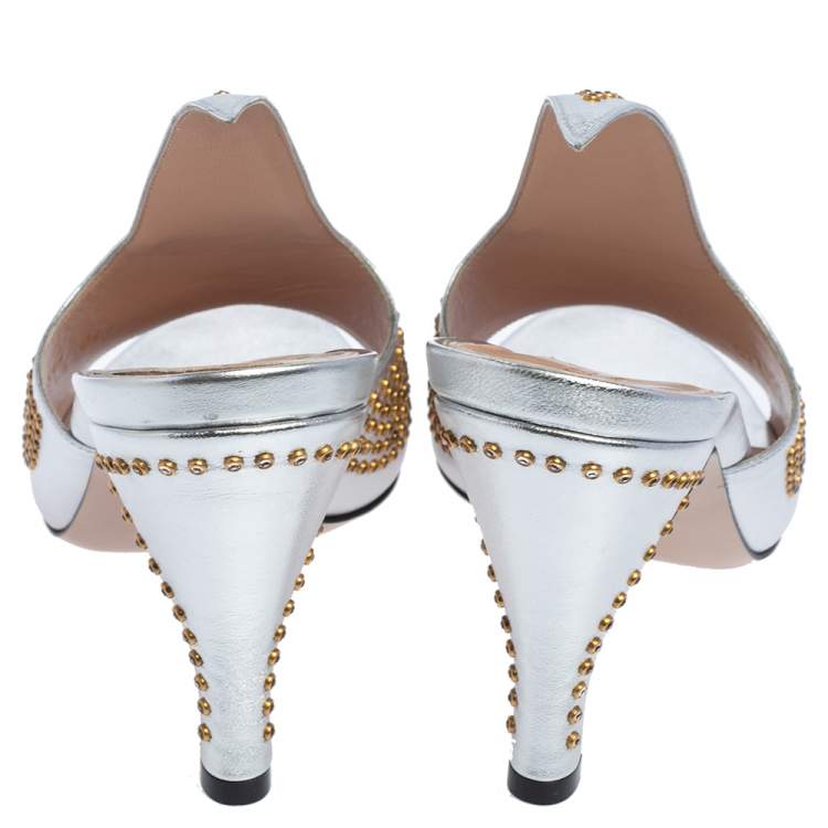 Pre Owned Gucci Silver Leather Fedra Embellished Mules Size 38