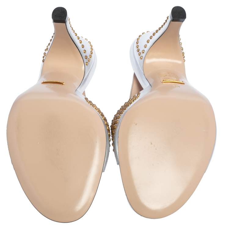 Pre Owned Gucci Silver Leather Fedra Embellished Mules Size 38