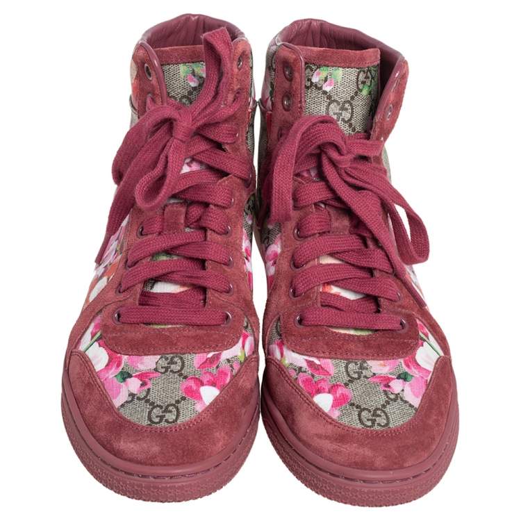 Pre Owned Gucci Pink Blooms Print Coated Canvas and Suede High Top Sneakers Size 38
