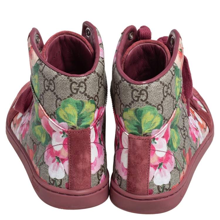 Pre Owned Gucci Pink Blooms Print Coated Canvas and Suede High Top Sneakers Size 38