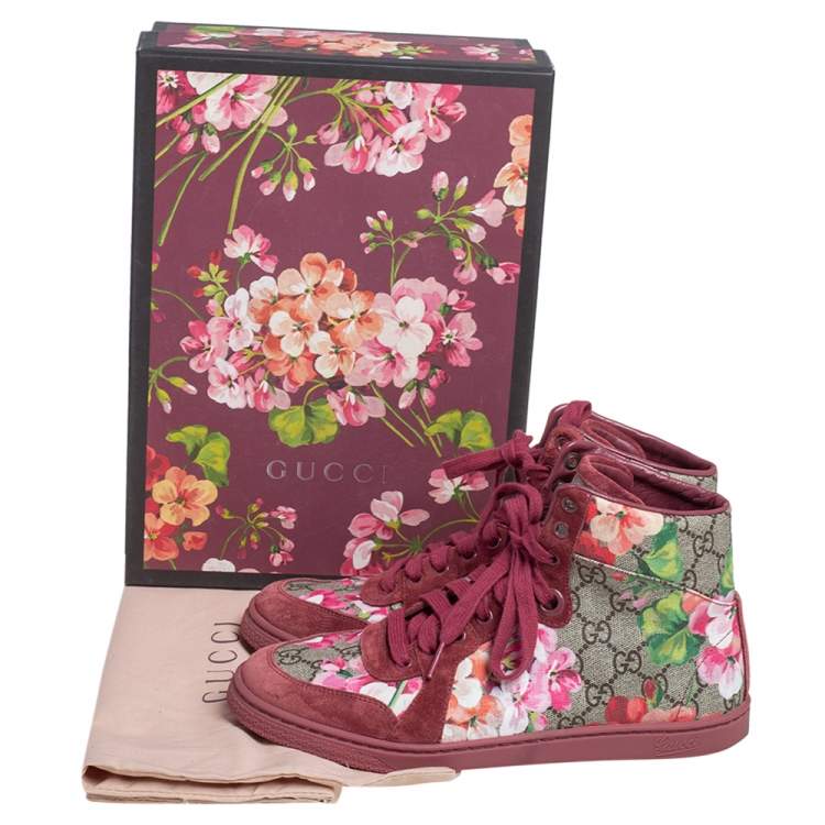 Pre Owned Gucci Pink Blooms Print Coated Canvas and Suede High Top Sneakers Size 38