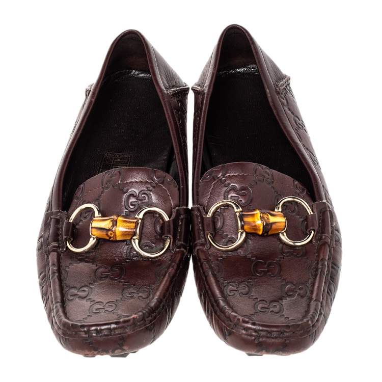 Pre Owned Gucci Brown Guccissima Leather Bamboo Horsebit Slip On Loafers Size 38 