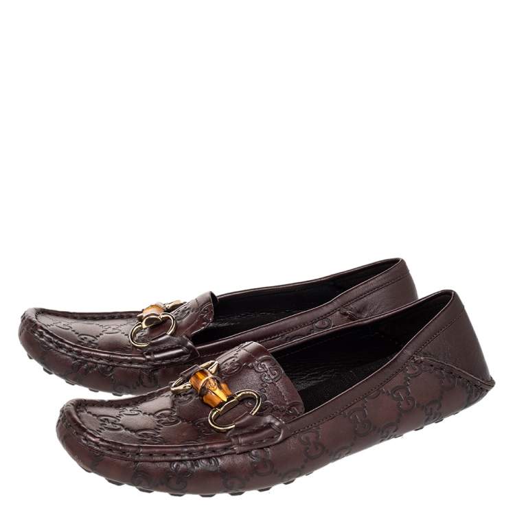 Pre Owned Gucci Brown Guccissima Leather Bamboo Horsebit Slip On Loafers Size 38 