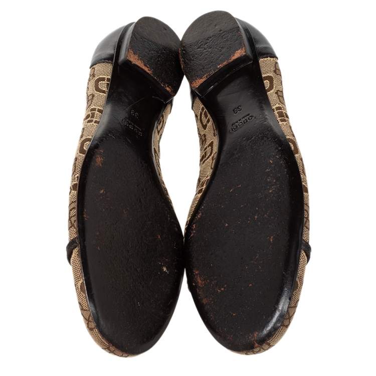 Pre Owned Gucci Beige/Brown Canvas And Leather Logo Embellished Ballet Flats Size 39