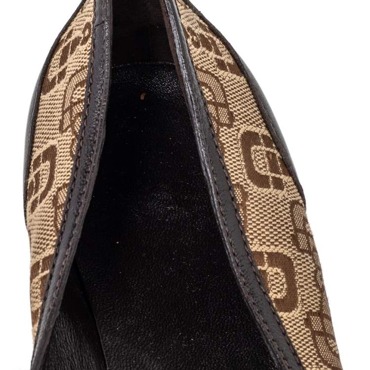 Pre Owned Gucci Beige/Brown Canvas And Leather Logo Embellished Ballet Flats Size 39