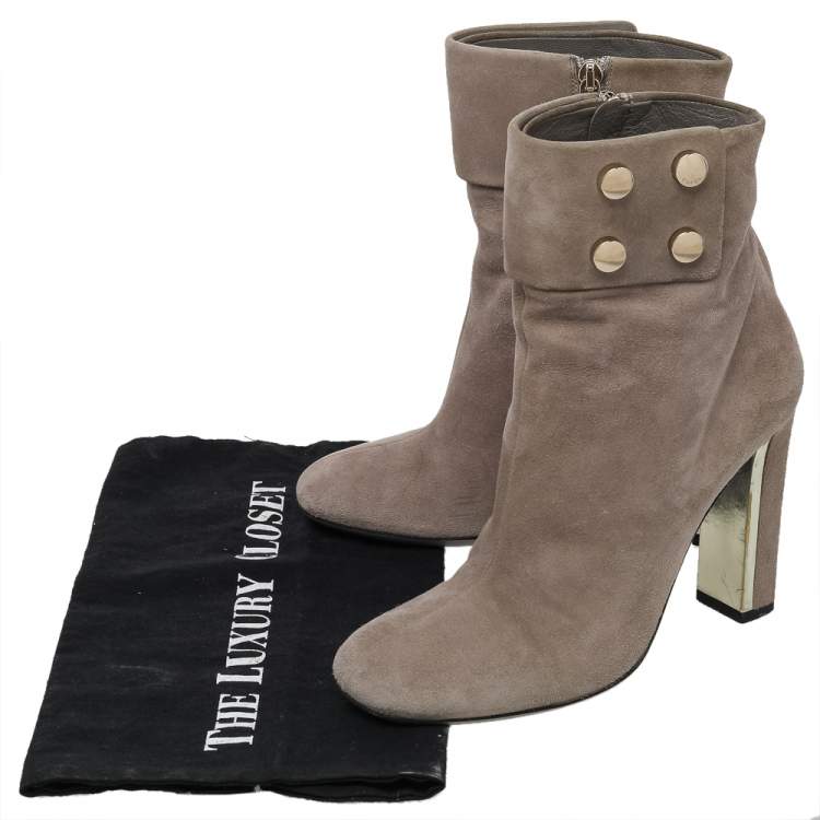 Pre Owned Gucci Grey Suede Vernice Block Heel Ankle Booties Size 36.5