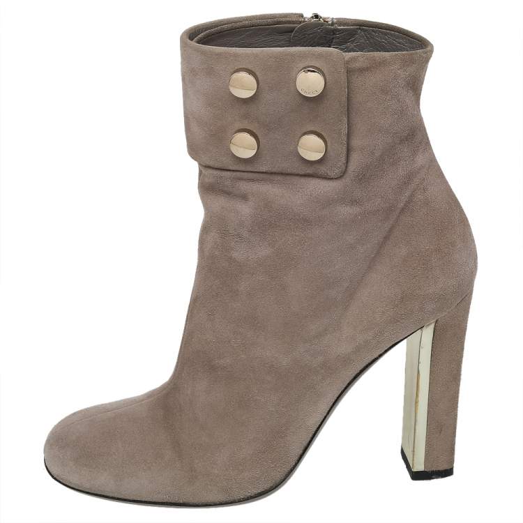 Pre Owned Gucci Grey Suede Vernice Block Heel Ankle Booties Size 36.5