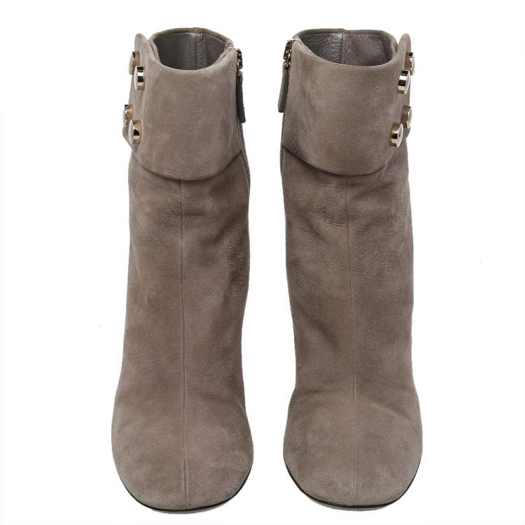 Pre Owned Gucci Grey Suede Vernice Block Heel Ankle Booties Size 36.5