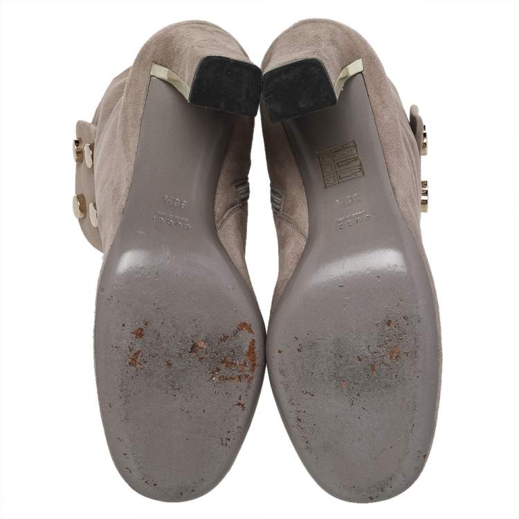 Pre Owned Gucci Grey Suede Vernice Block Heel Ankle Booties Size 36.5