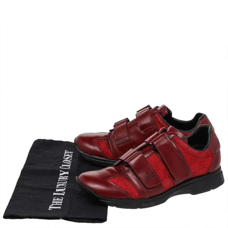 Pre Owned Gucci Red Leather And GG Canvas Velcro Low Top Sneakers Size 37.5