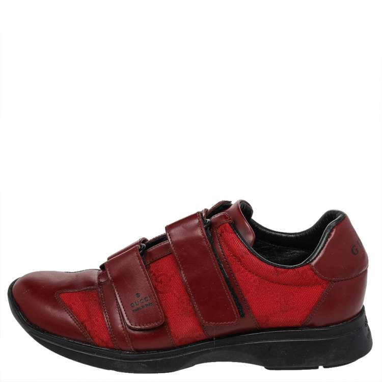 Pre Owned Gucci Red Leather And GG Canvas Velcro Low Top Sneakers Size 37.5