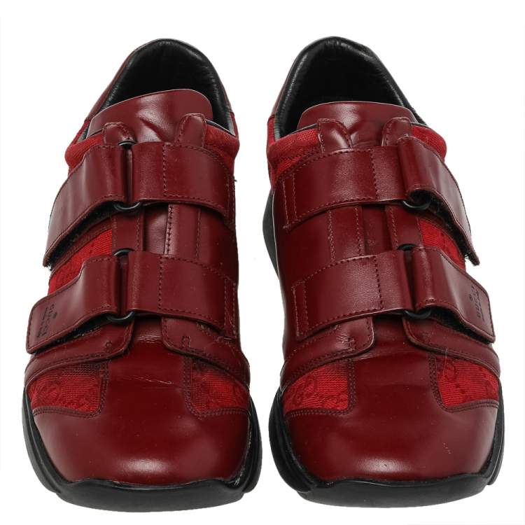 Pre Owned Gucci Red Leather And GG Canvas Velcro Low Top Sneakers Size 37.5