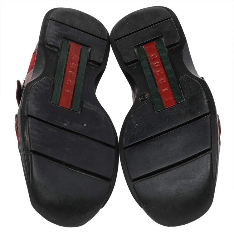 Pre Owned Gucci Red Leather And GG Canvas Velcro Low Top Sneakers Size 37.5