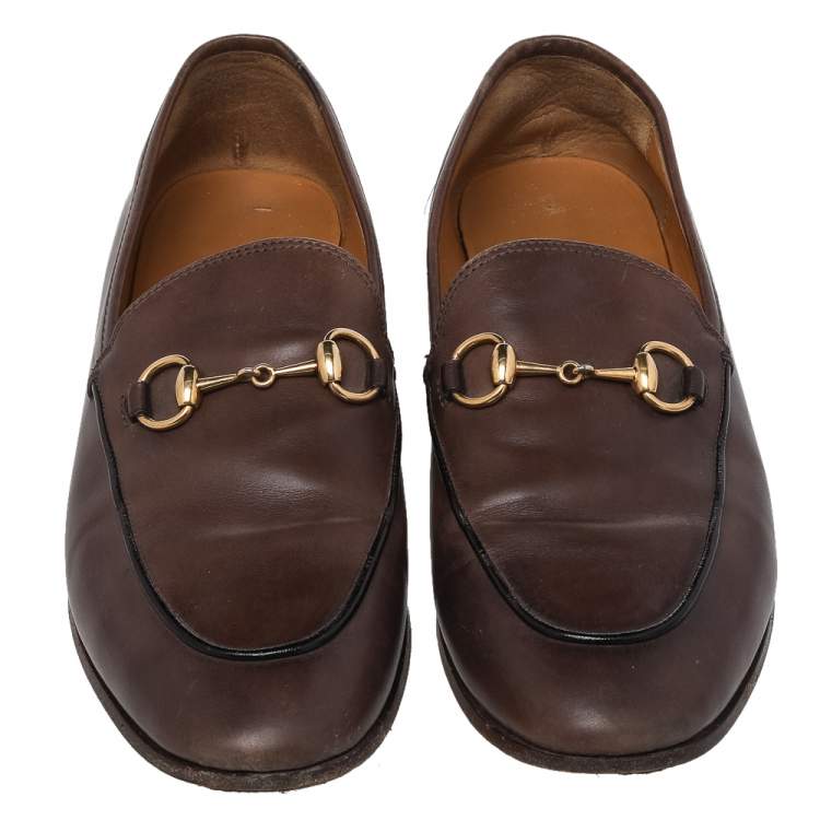 Pre Owned Gucci Brown Leather Jordaan Horsebit Slip On Loafers Size 37