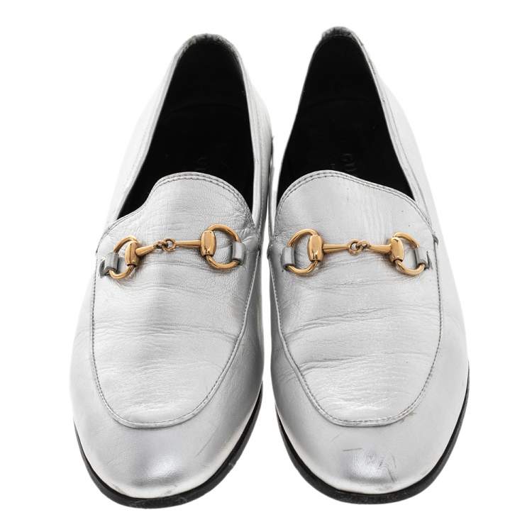 Pre Owned Gucci Silver Leather Jordaan Horsebit Slip On Loafers Size 37