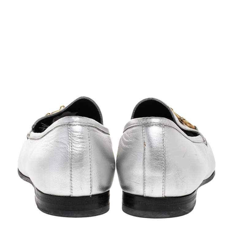 Pre Owned Gucci Silver Leather Jordaan Horsebit Slip On Loafers Size 37
