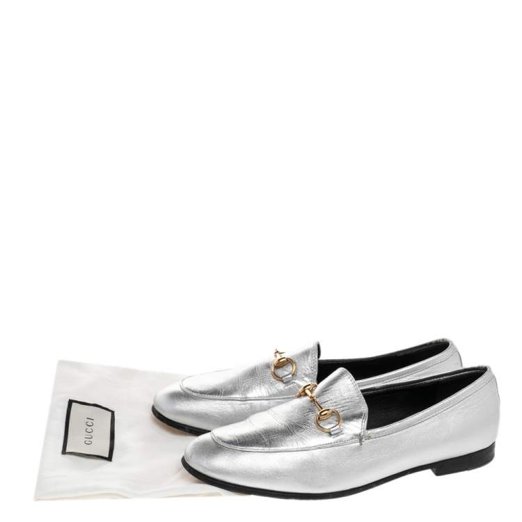 Pre Owned Gucci Silver Leather Jordaan Horsebit Slip On Loafers Size 37