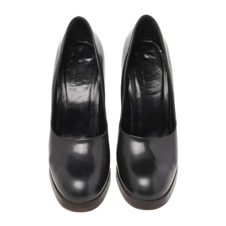 Pre Owned Gucci Grey Leather Block Heel Pumps Size 38