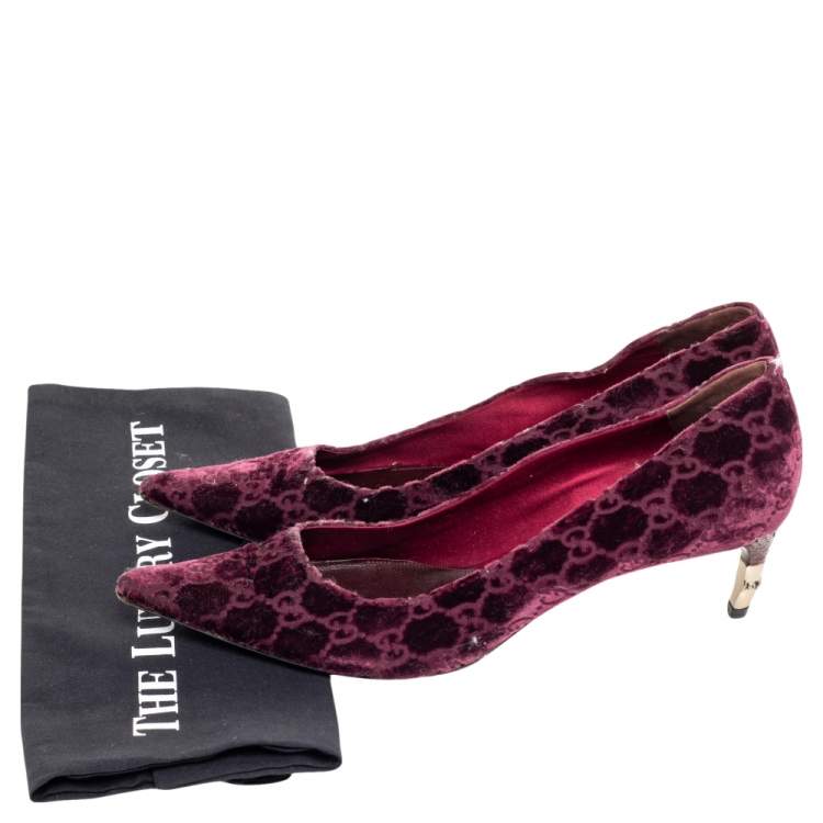Pre Owned Gucci Burgundy GG Velvet Pumps Size 39.5