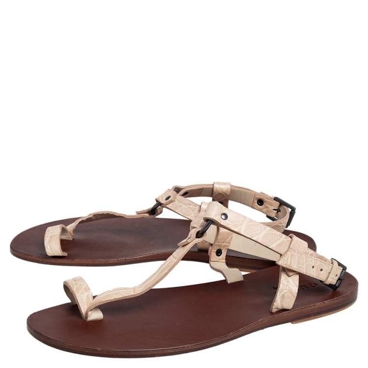 Pre Owned Gucci Light Cream Crocodile Toe Ring Sling Buckle Flat Sandals Size 41