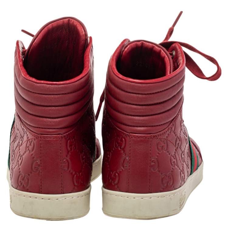 Pre Owned Gucci Red Guccissima Leather Web Detail High Top Sneakers Size 41