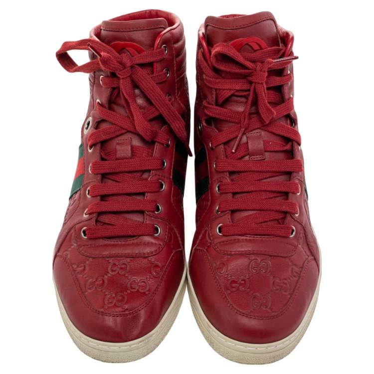 Pre Owned Gucci Red Guccissima Leather Web Detail High Top Sneakers Size 41