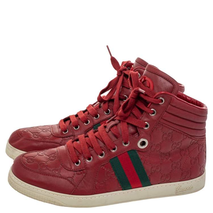Pre Owned Gucci Red Guccissima Leather Web Detail High Top Sneakers Size 41