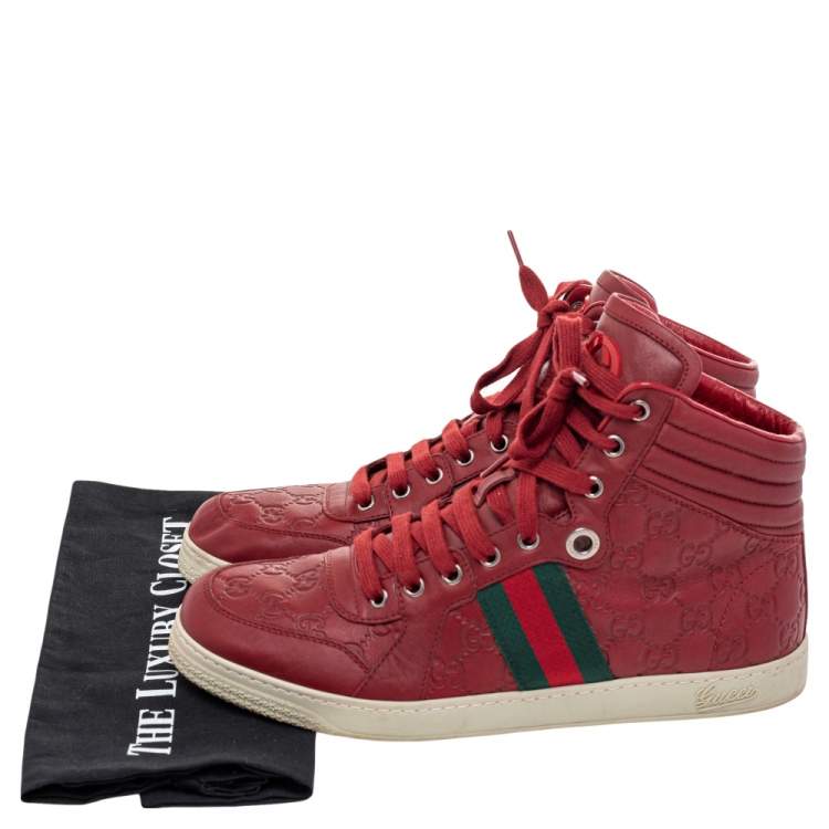 Pre Owned Gucci Red Guccissima Leather Web Detail High Top Sneakers Size 41