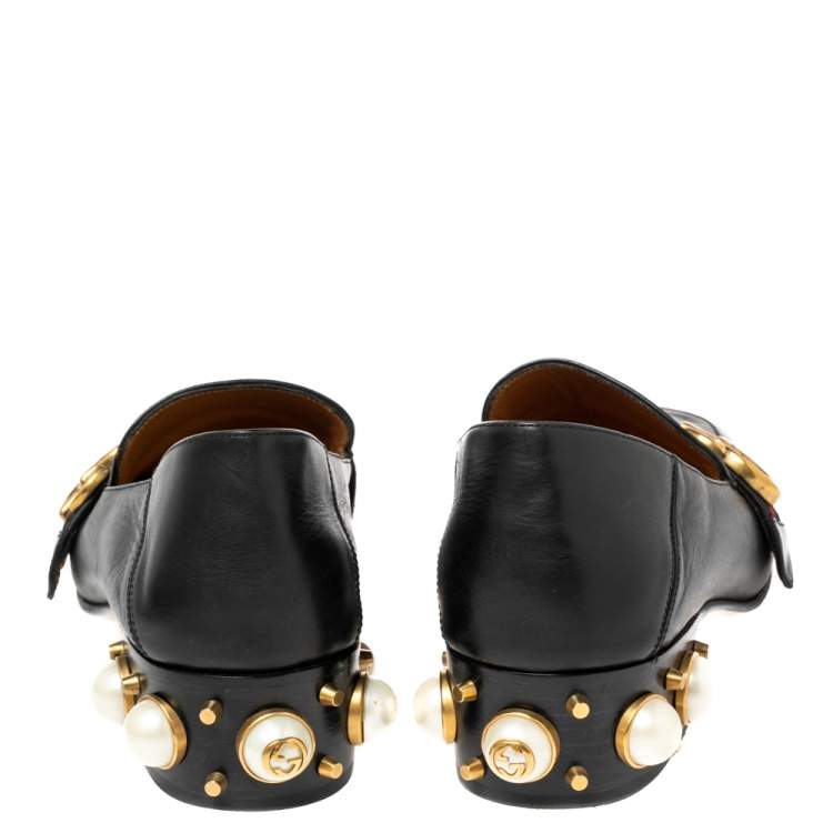 مملوكة مسبقًا Gucci Black Leather Pearl Embellished Double G Web Loafers Size 39