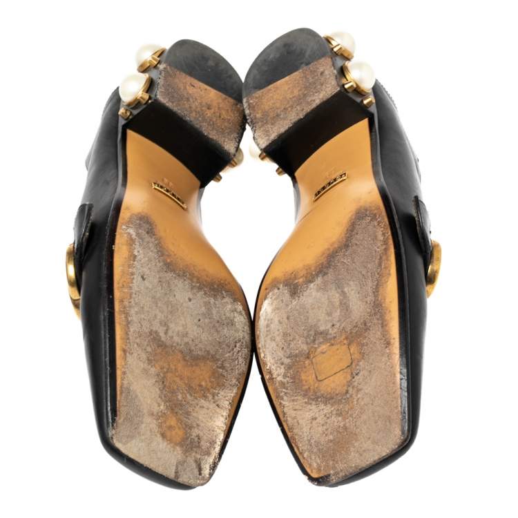 مملوكة مسبقًا Gucci Black Leather Pearl Embellished Double G Web Loafers Size 39