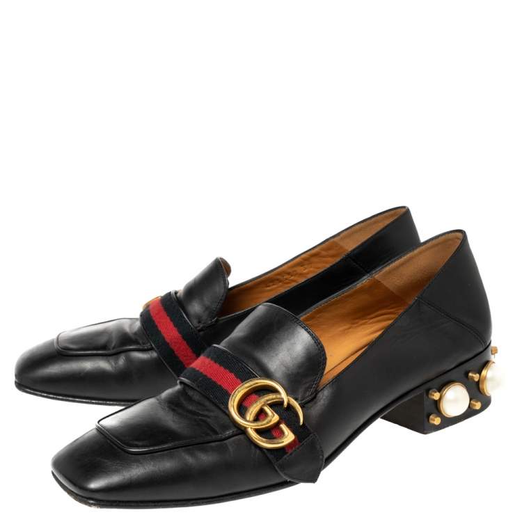 مملوكة مسبقًا Gucci Black Leather Pearl Embellished Double G Web Loafers Size 39
