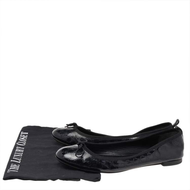 Pre Owned Gucci Black Micro Guccissima Patent Leather Bow Detail Ballet Flats Size 39