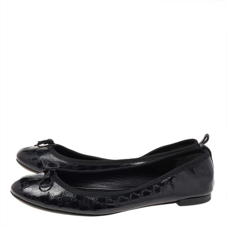 Pre Owned Gucci Black Micro Guccissima Patent Leather Bow Detail Ballet Flats Size 39