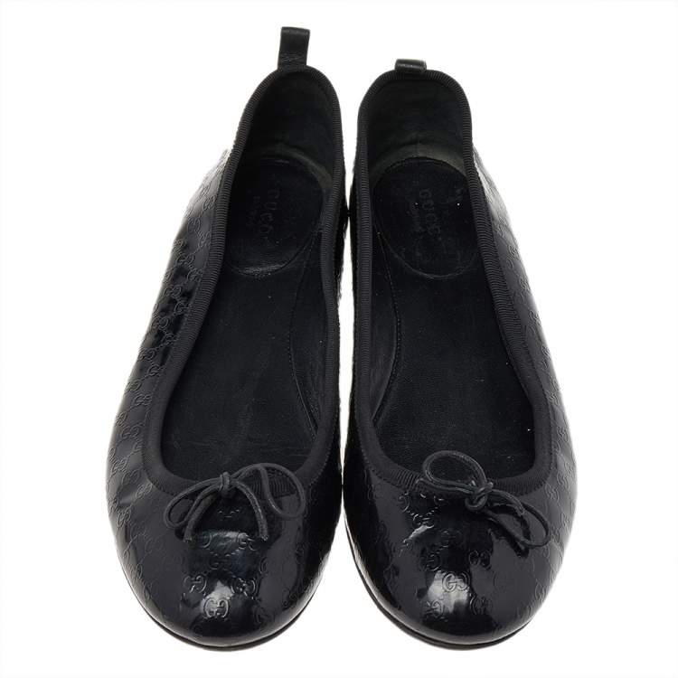 Pre Owned Gucci Black Micro Guccissima Patent Leather Bow Detail Ballet Flats Size 39