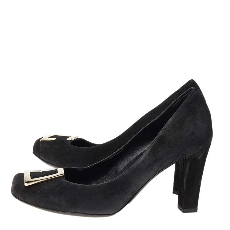 Pre Owned Gucci Black Suede Square Toe Metal Trim Pumps Size 36