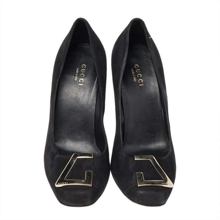 Pre Owned Gucci Black Suede Square Toe Metal Trim Pumps Size 36